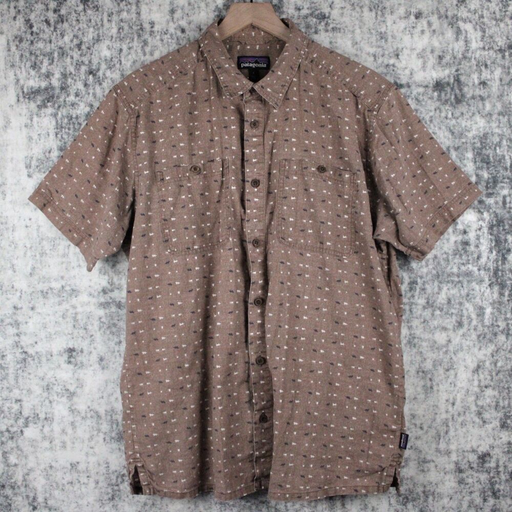 Patagonia Hemp Blend Button Up Shirt Mens Size L Brown AOP Short Sleeve